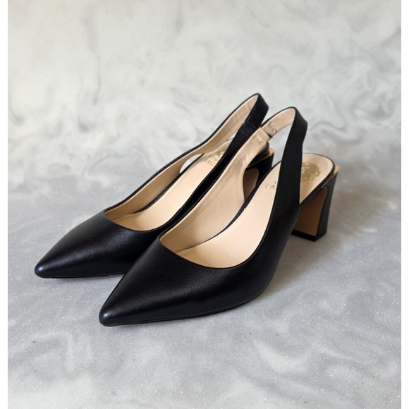 Vince Camuto Shoes - Vince Camuto Hamden Slingback Pumps Black Leather Block Heel Pointed Toe Sz 7.5